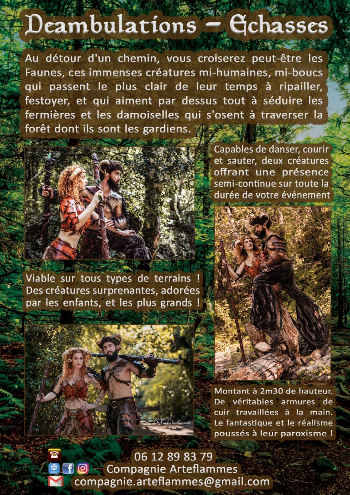 Déambulation de Faunes aux Féeries du Bocage, Déambulations échasses, spectacle féerique, spectacle fantastique, spectacle interactif, Faune, Satyre, fée, nature