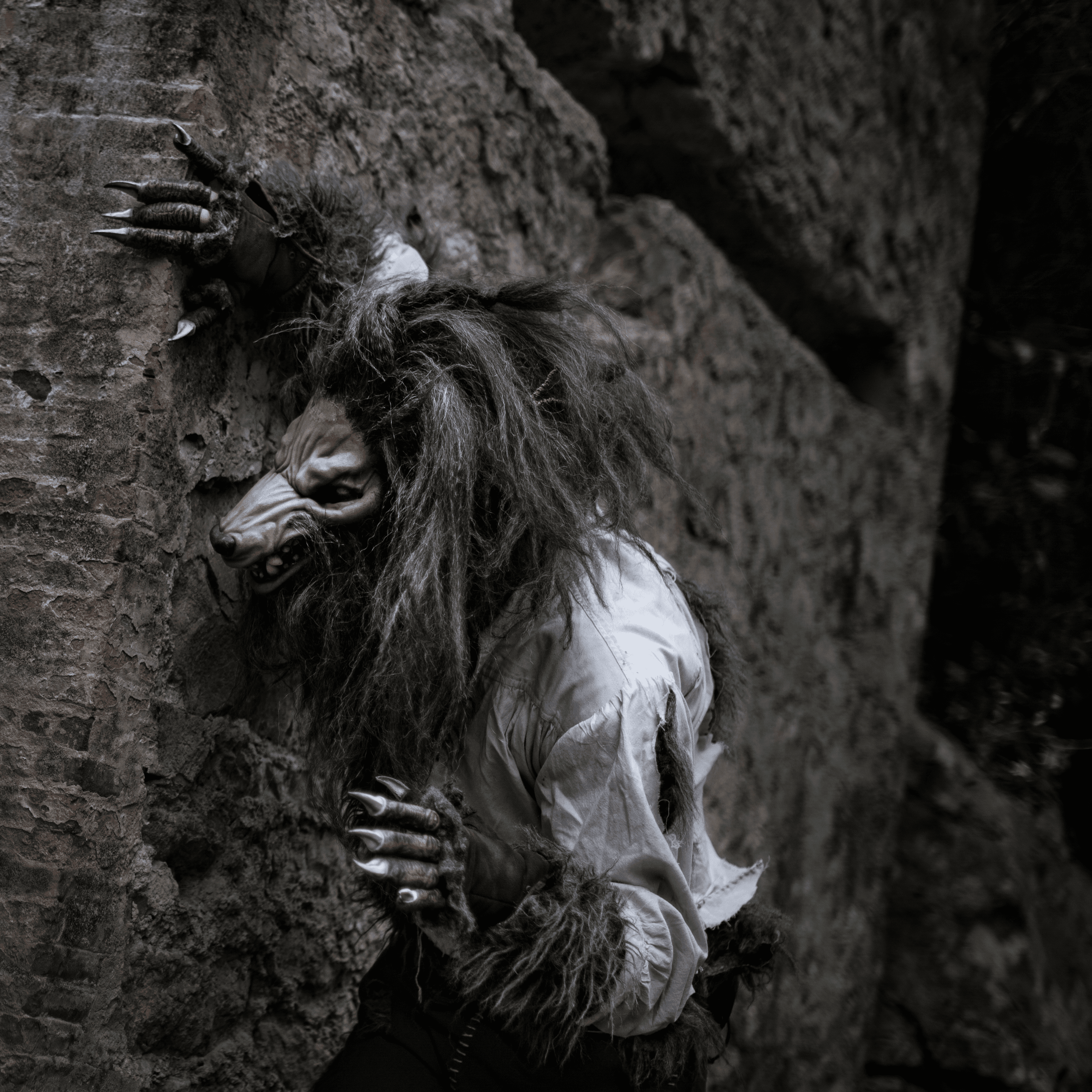 Loup Garou lycan monstre costume cosplay artiste spectacle déambulation échassier échasses