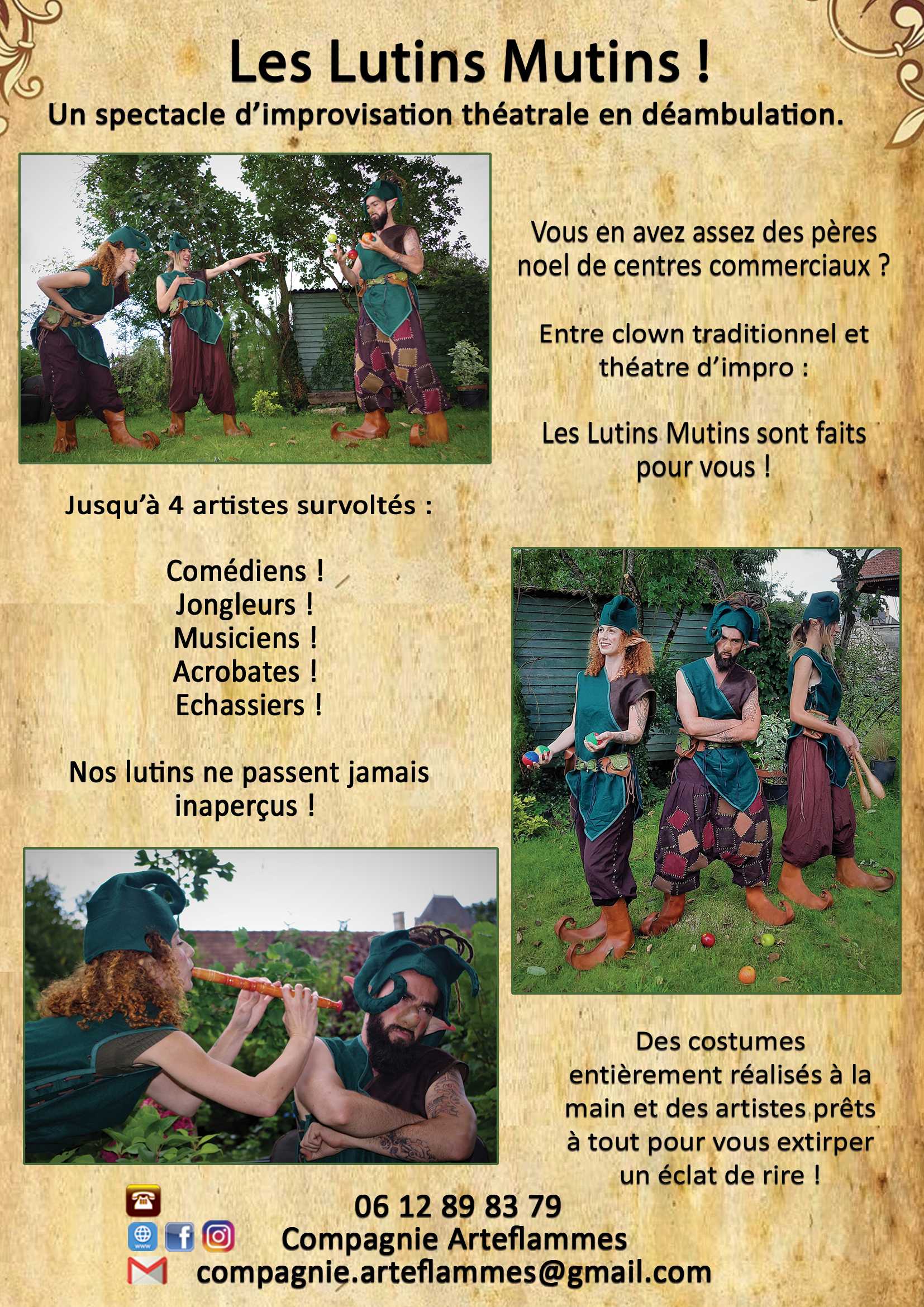 Flyer lutin mutin lutins de noel nice déambulation spectacle animation marché médiéval carnaval marché de noel lutins mutins conte legendes mythes parade théatre danse art artistes compagnie spectacle festival
